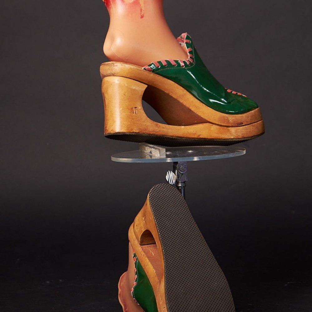 1970s Platform Green Stitched Heels Mules Shoes